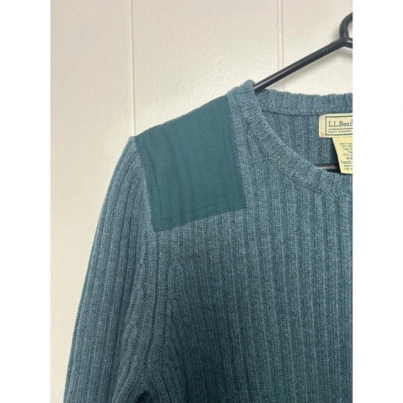 L.L. Bean Women M 100% Merino‎ Wool Commando Sweater CrewNeck Teal Blue Ribbed - Picture 4 of 9
